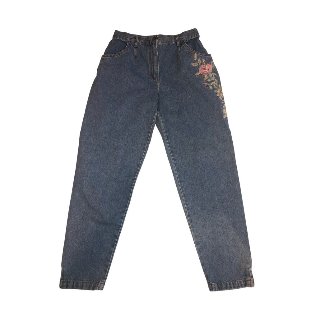 Embroidered Together! Jeans Size 10P Vintage Mom Light Wash Blue Pink Floral 80s